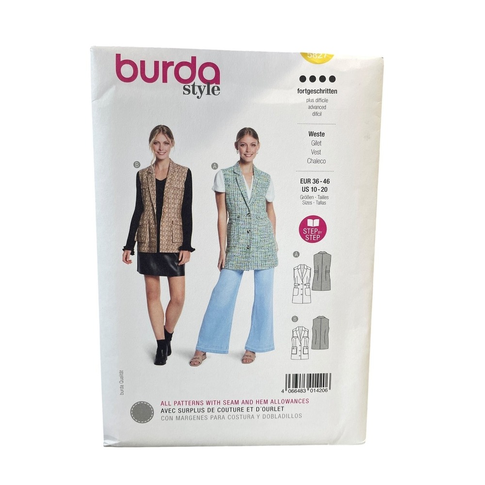 Burda Style 5827 Vest Sewing Pattern US 10-20 Semi-Fitted Advanced